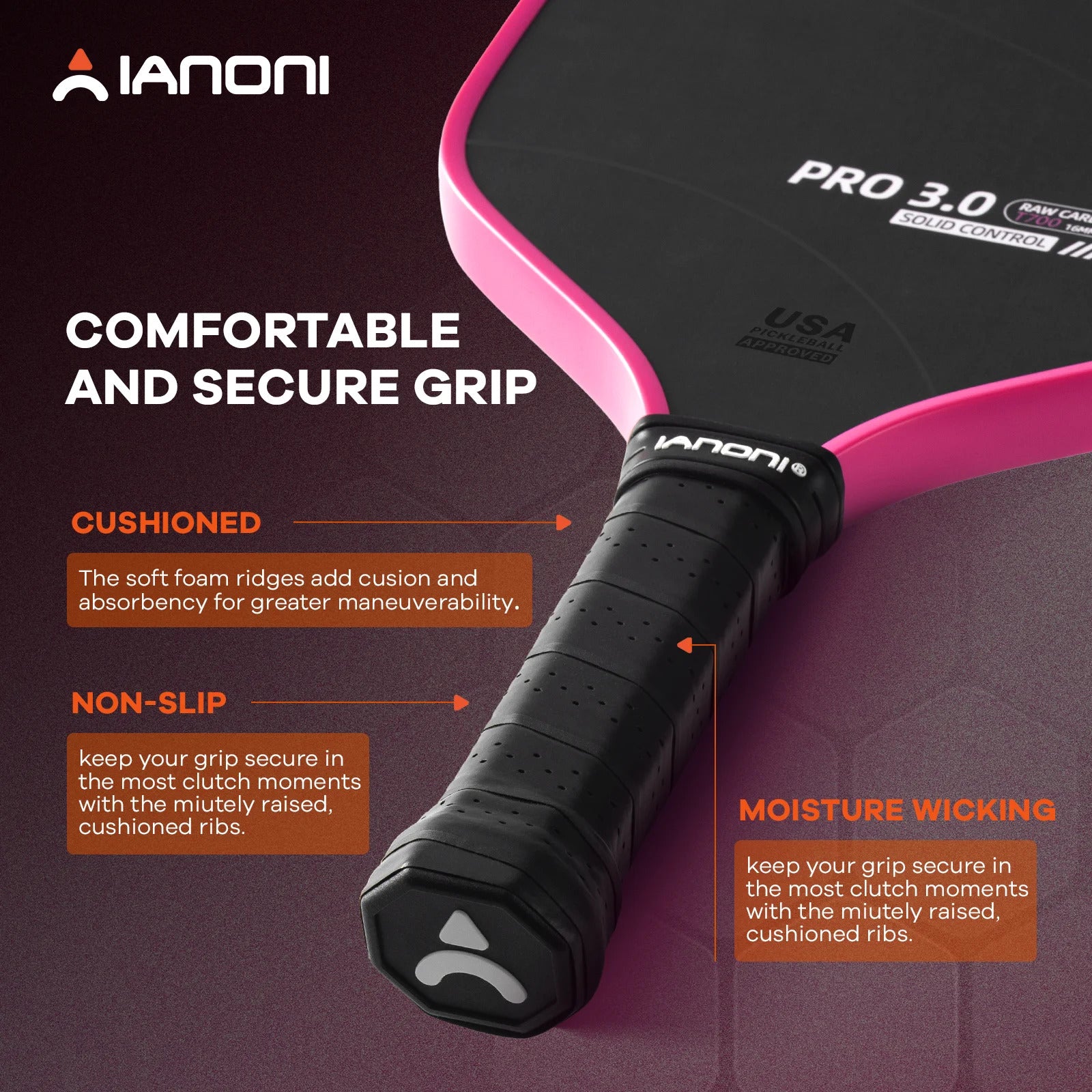 IANONI PRO 3.0 USAPA Certified Pickleball Paddle — T700 Carbon, 16mm PP Core