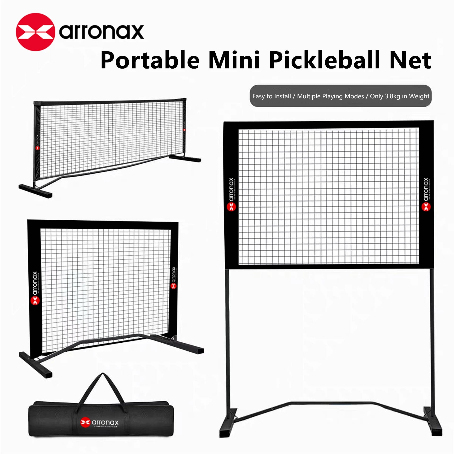 Arronax Portable Pickleball Net — 3.8kg, Wind-Resistant, 3 Size Configurations, Carry Bag Included