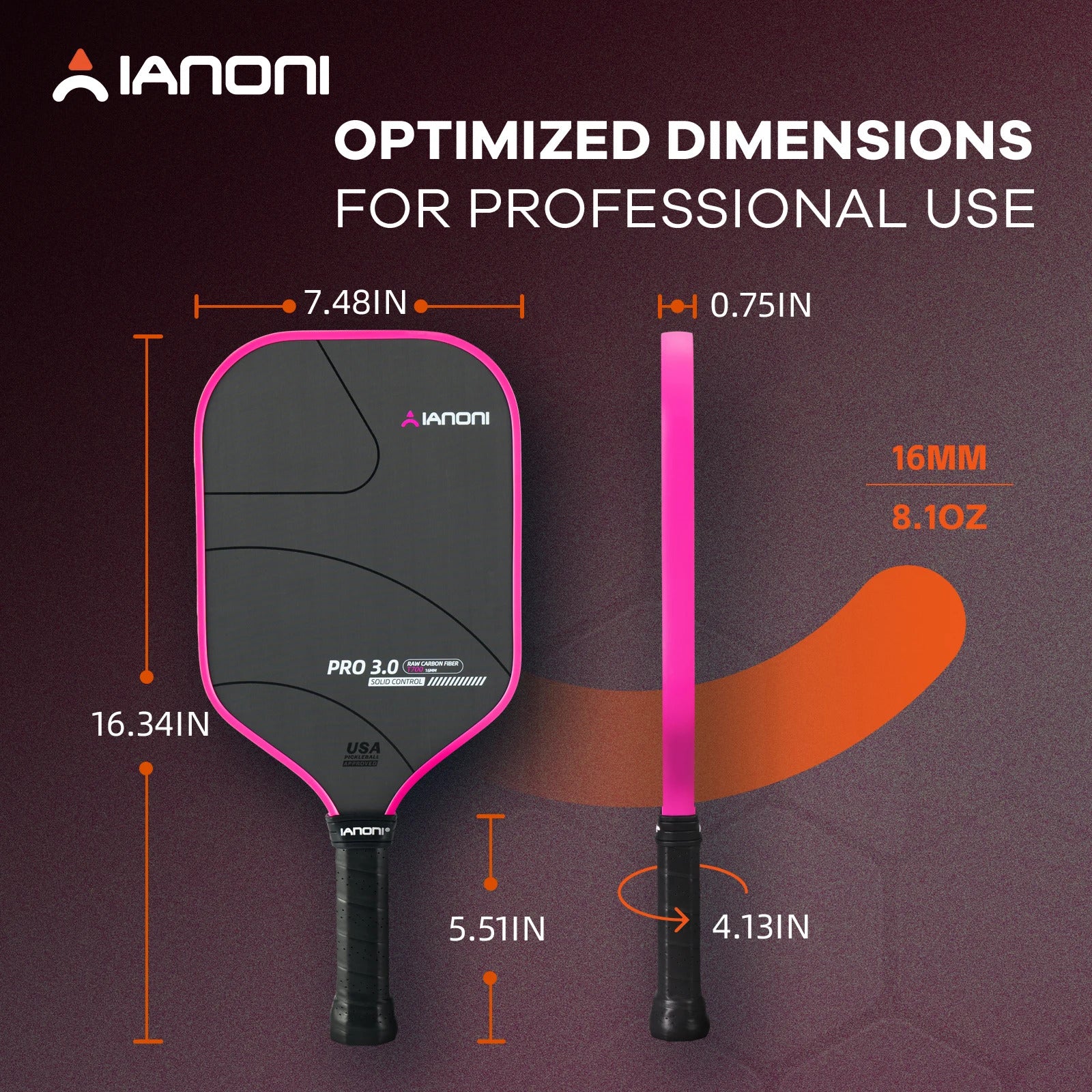 IANONI PRO 3.0 USAPA Certified Pickleball Paddle — T700 Carbon, 16mm PP Core
