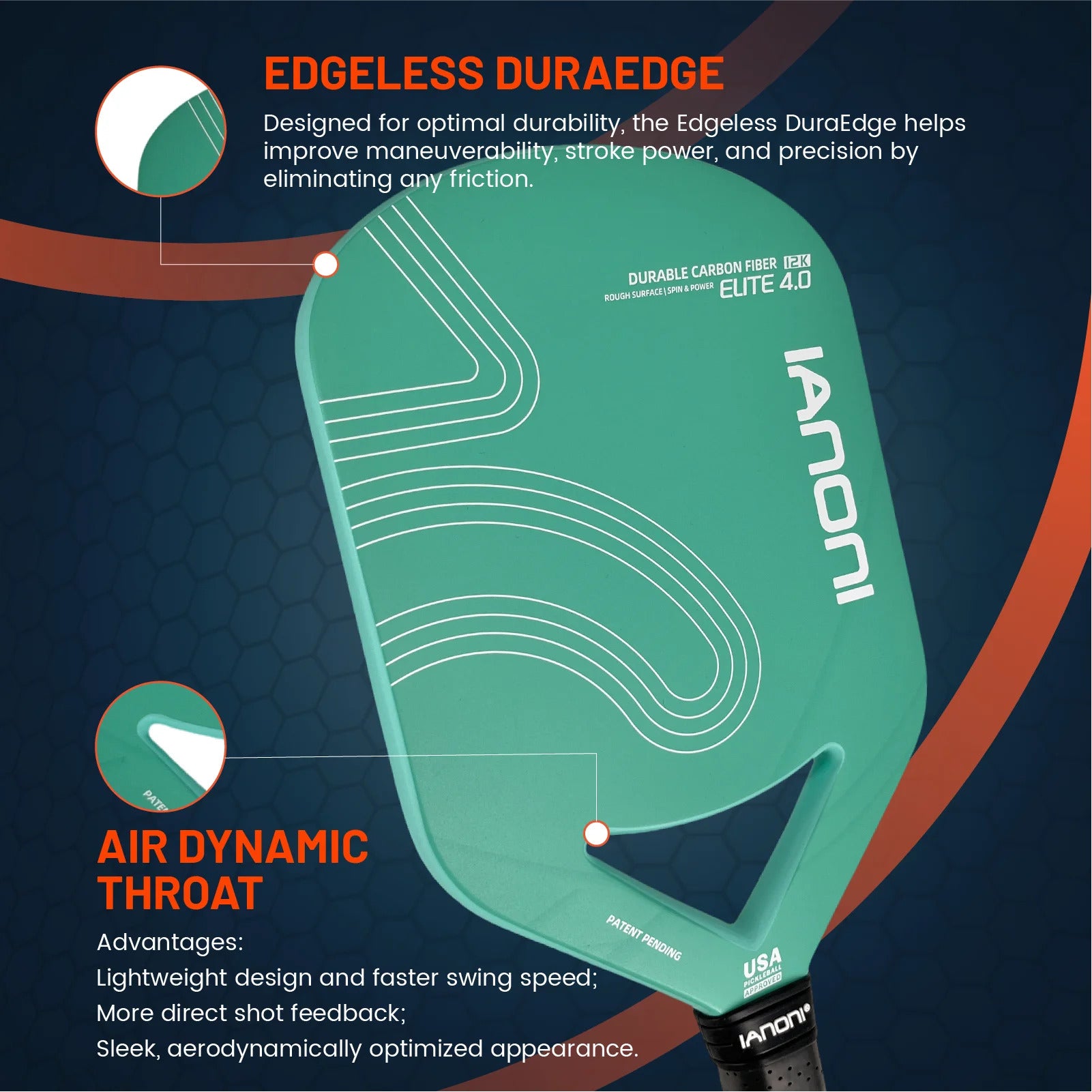IANONI ELITE4.0 Edgeless Pickleball Paddle — 12K Carbon, USAPA Certified